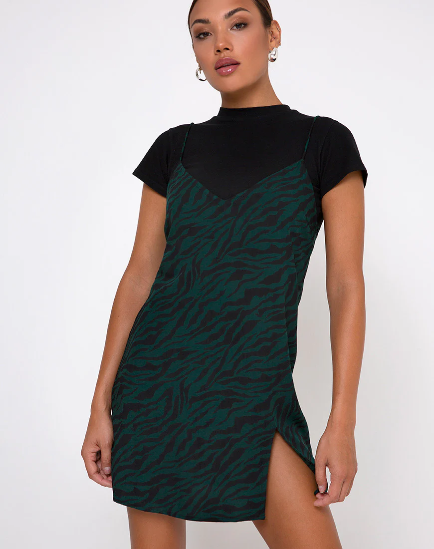 Katya Mini Dress in 90's Zebra Forest Green - Image 2