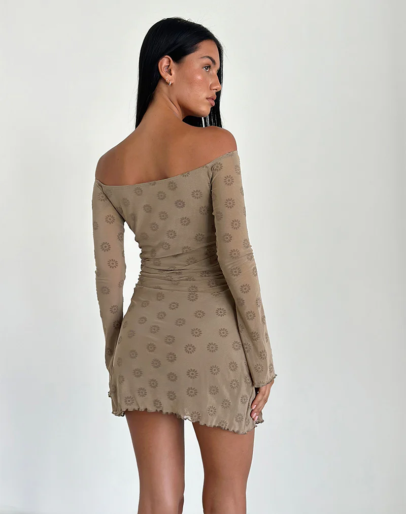 Kausar Off Shoulder Mini Dress in Daisy Flock Light Brown - Image 5