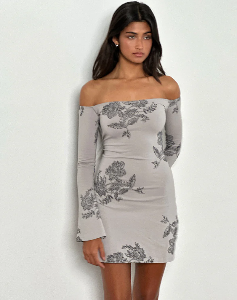 Kausar Off Shoulder Mini Dress in Lace Flower Grey - Image 5