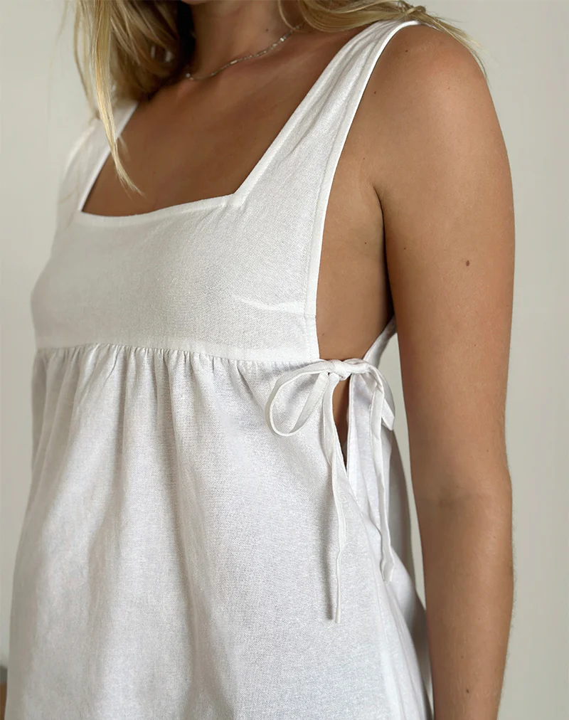 Kawase Tie Side Mini Dress in Linen White - Image 3