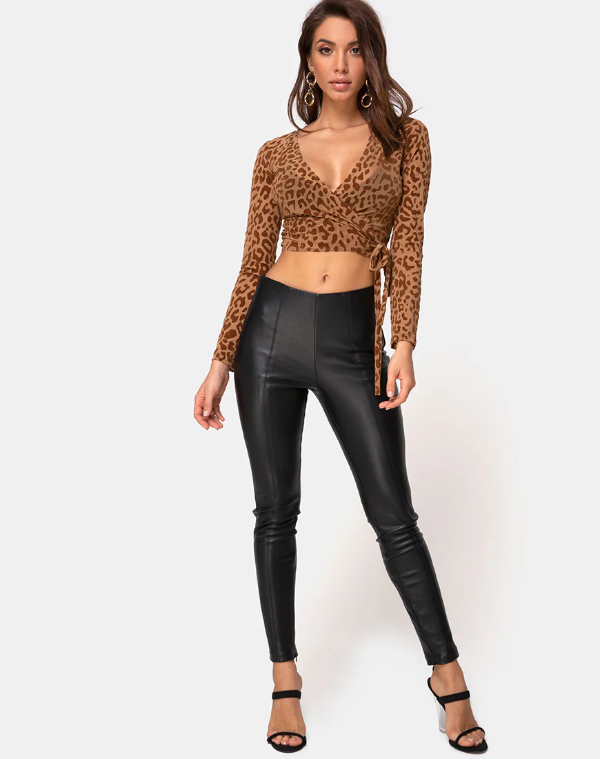 Kayak Wrap Top in Animal Flock Tan Brown - Image 3