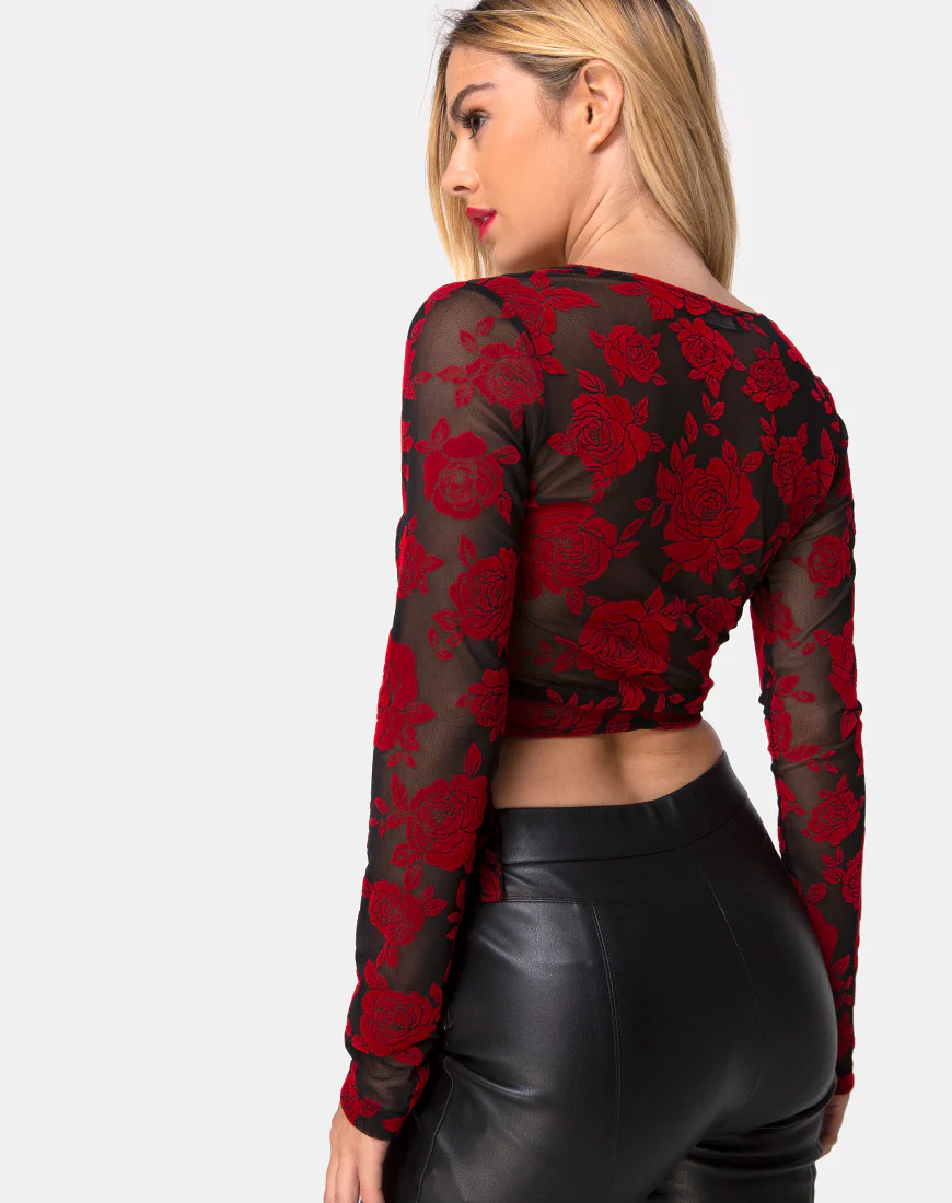 Kayak Wrap Top in Romantic Red Rose Flock - Image 2