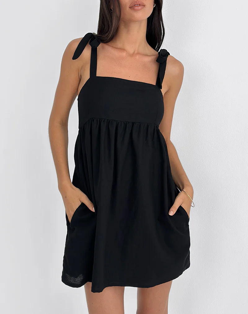 Kayla Square Neck Mini Dress in Linen Black - Image 2