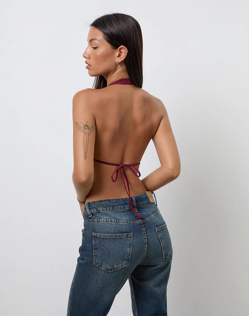Kayria Tie Top in Burgundy with Floral Embroidery - Image 5