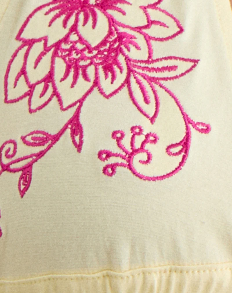Kayria Tie Top in Lemon with Floral Pink Embroidery - Image 6
