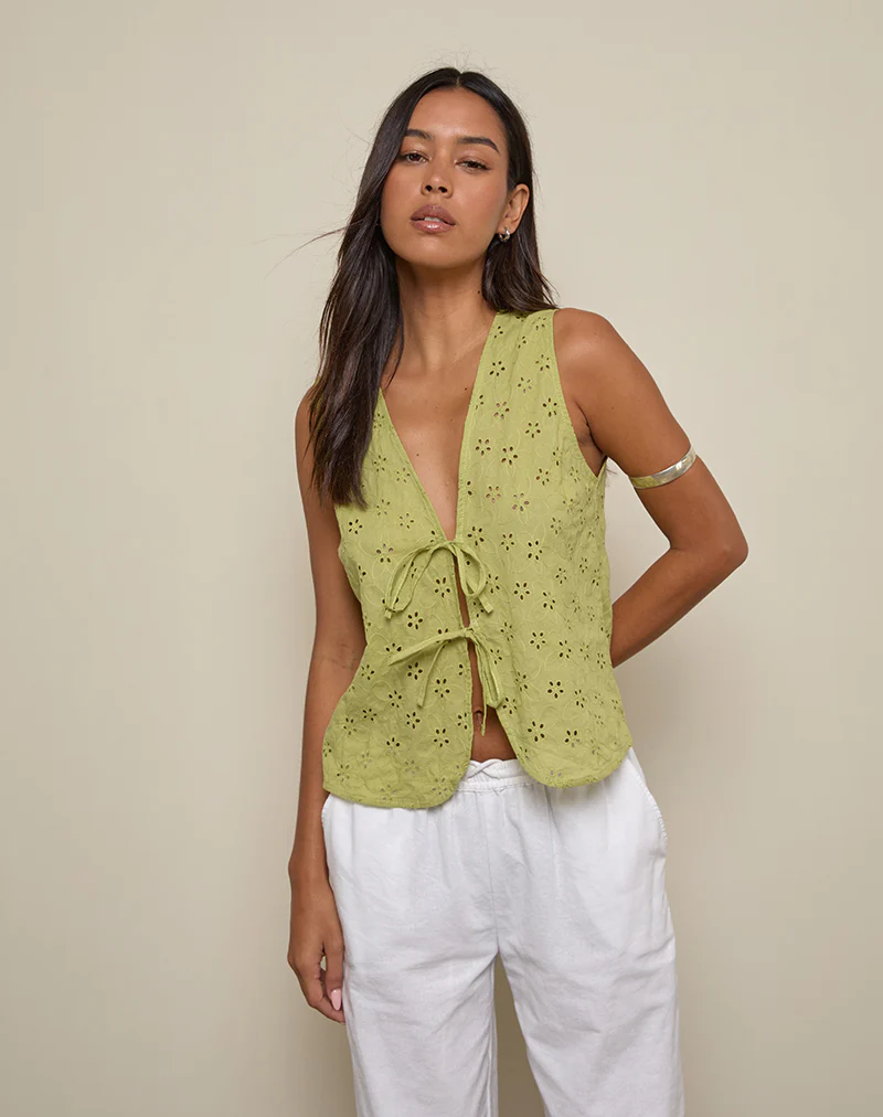Kayve Tie-Front Top in Little Daisy Broderie Lime - Image 2