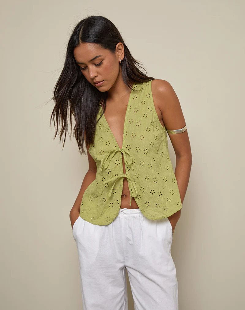 Kayve Tie-Front Top in Little Daisy Broderie Lime - Image 3