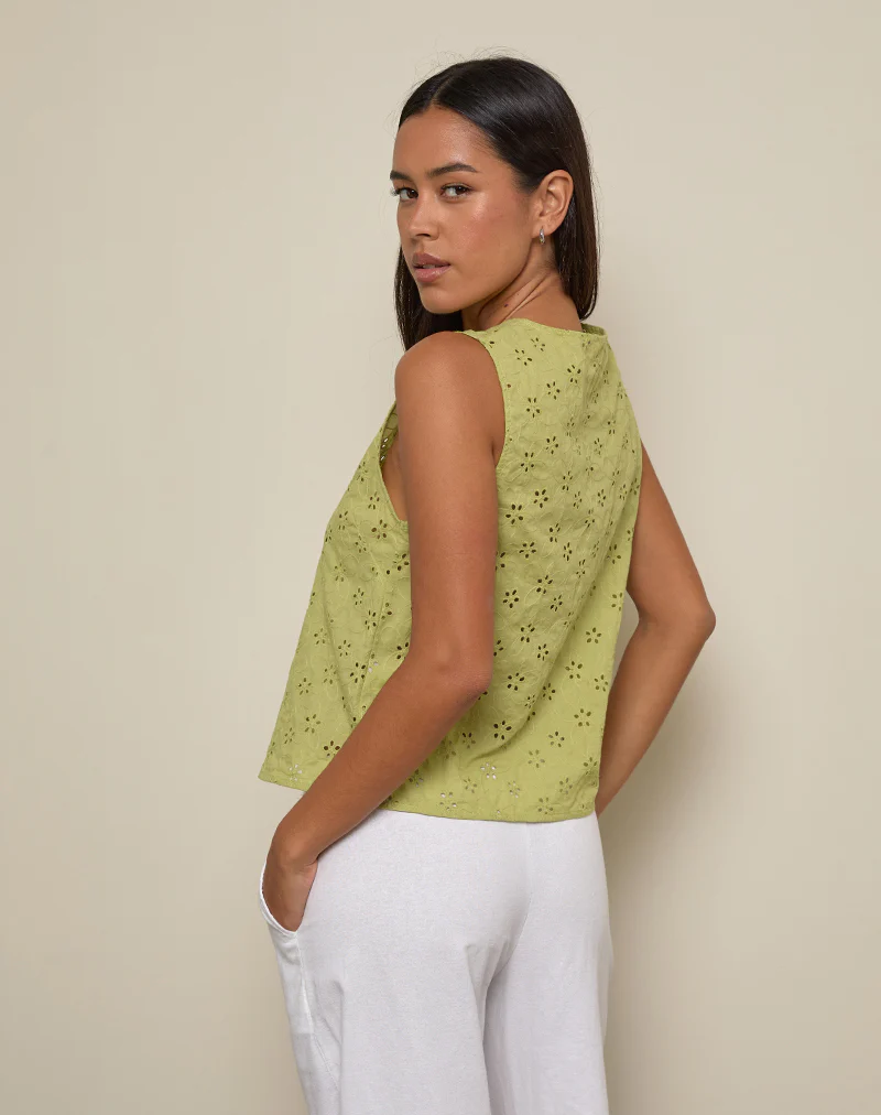 Kayve Tie-Front Top in Little Daisy Broderie Lime - Image 4