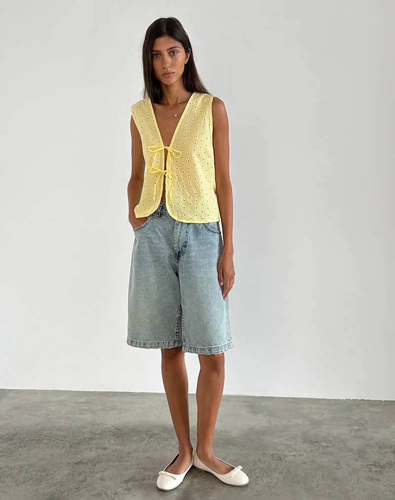 Kayve Tie Front Top in Broderie Yellow - Image 5