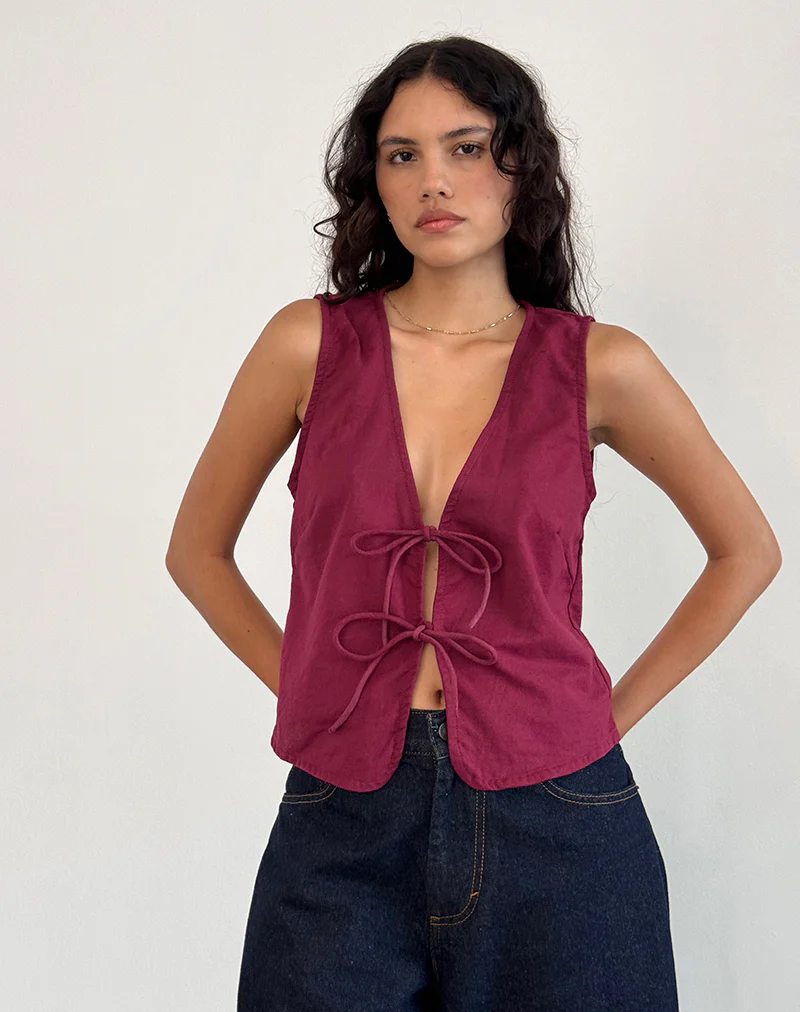 Kayve Tie Front Top in Burgundy - Image 4