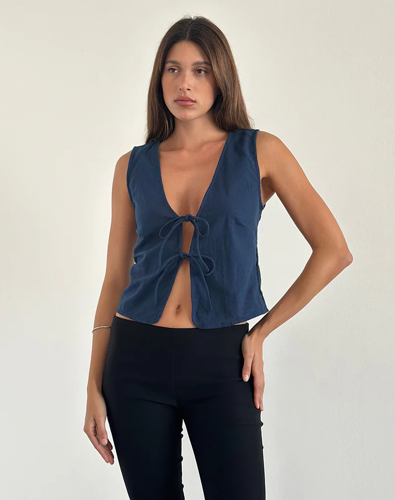 Kayve Tie Front Top in Navy - Image 4