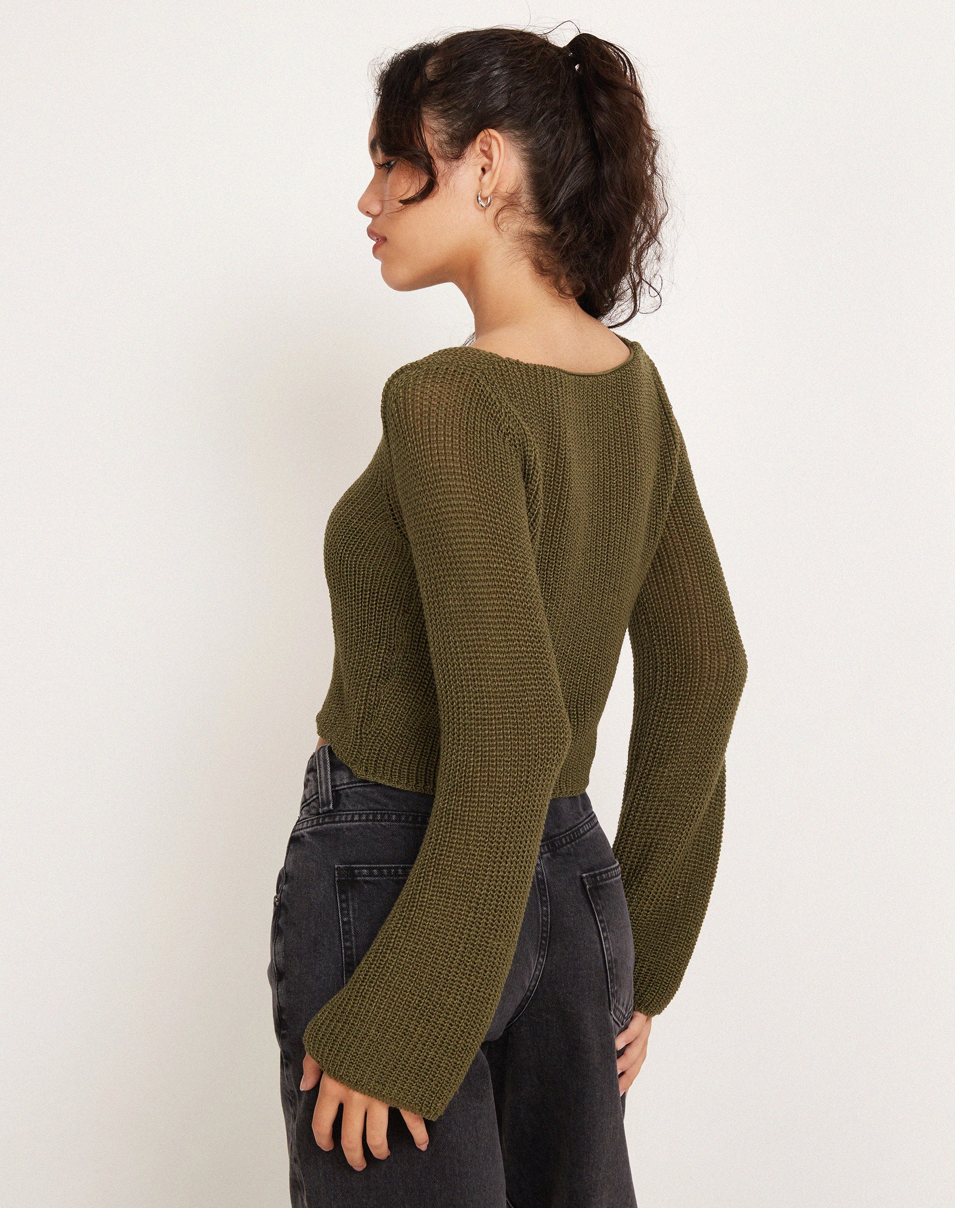 Kazayo Long Sleeve Knit Top in Chive Green - Image 2