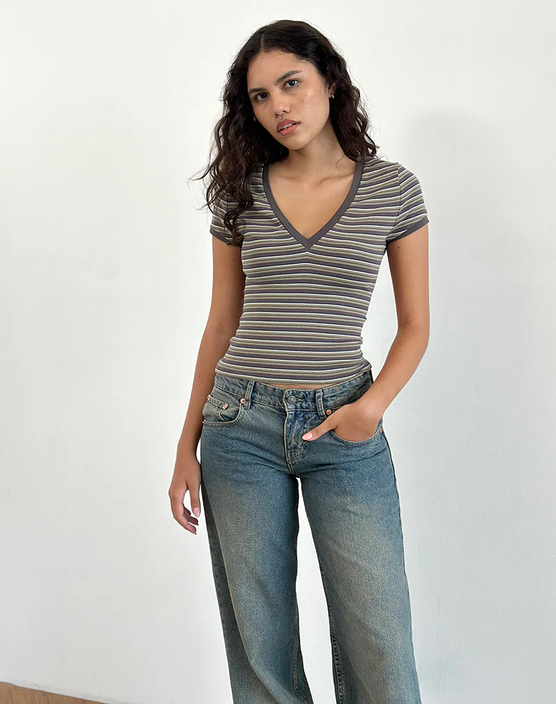 Keiko Top in Stripe Jersey Brown Army - Image 2