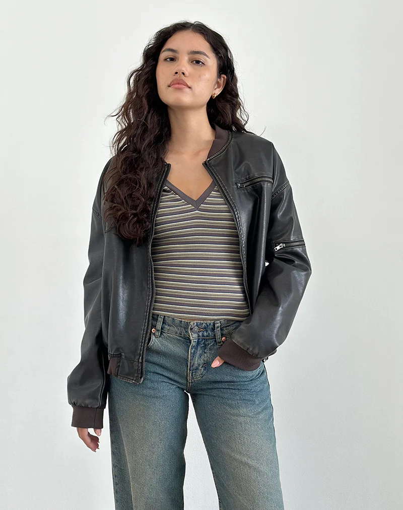 Keiko Top in Stripe Jersey Brown Army - Image 4