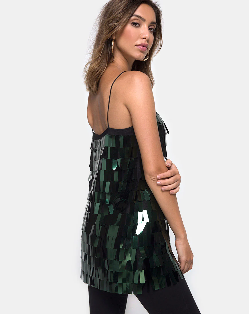 Keke Long Top in Dangle Sequin Forest Green - Image 2