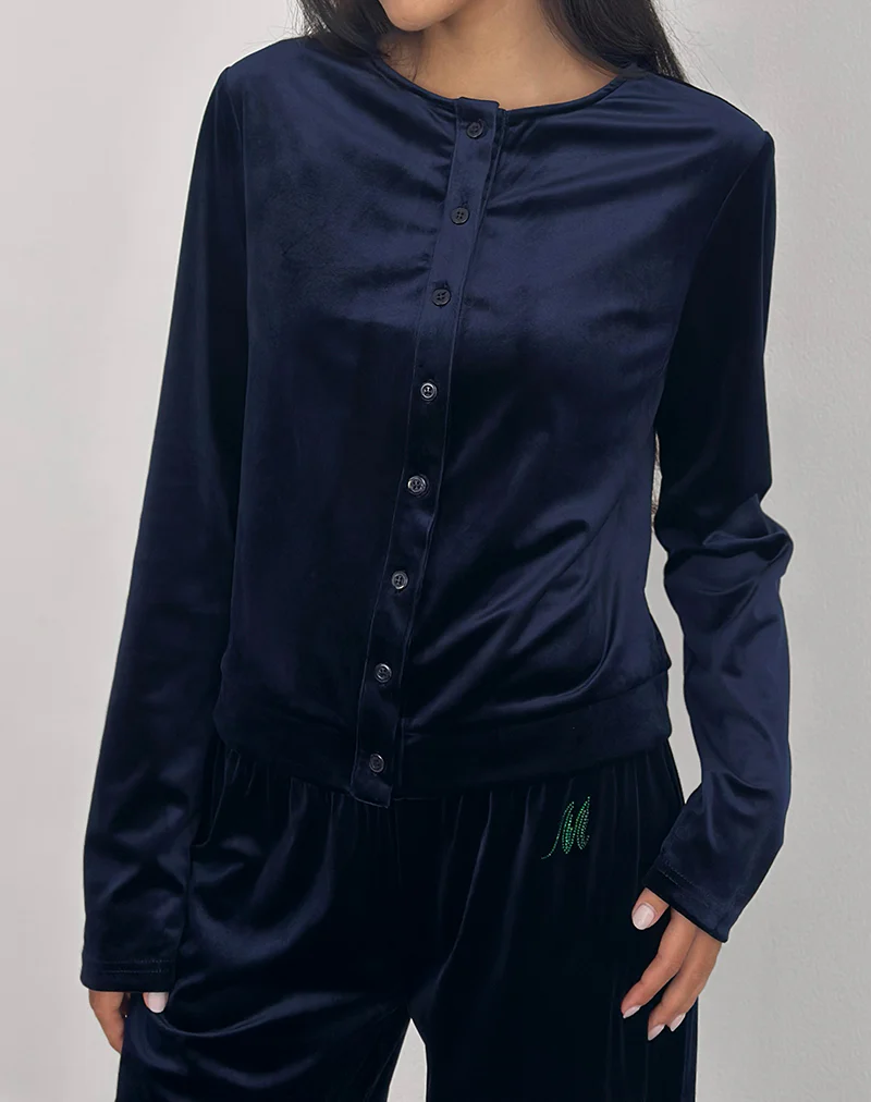 Kellen Button Up Cardigan in Velour Navy - Image 2