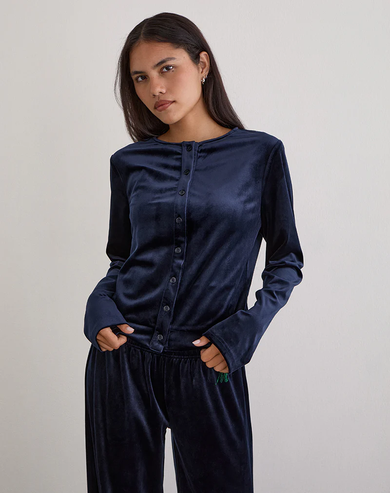 Kellen Button Up Cardigan in Velour Navy - Image 3