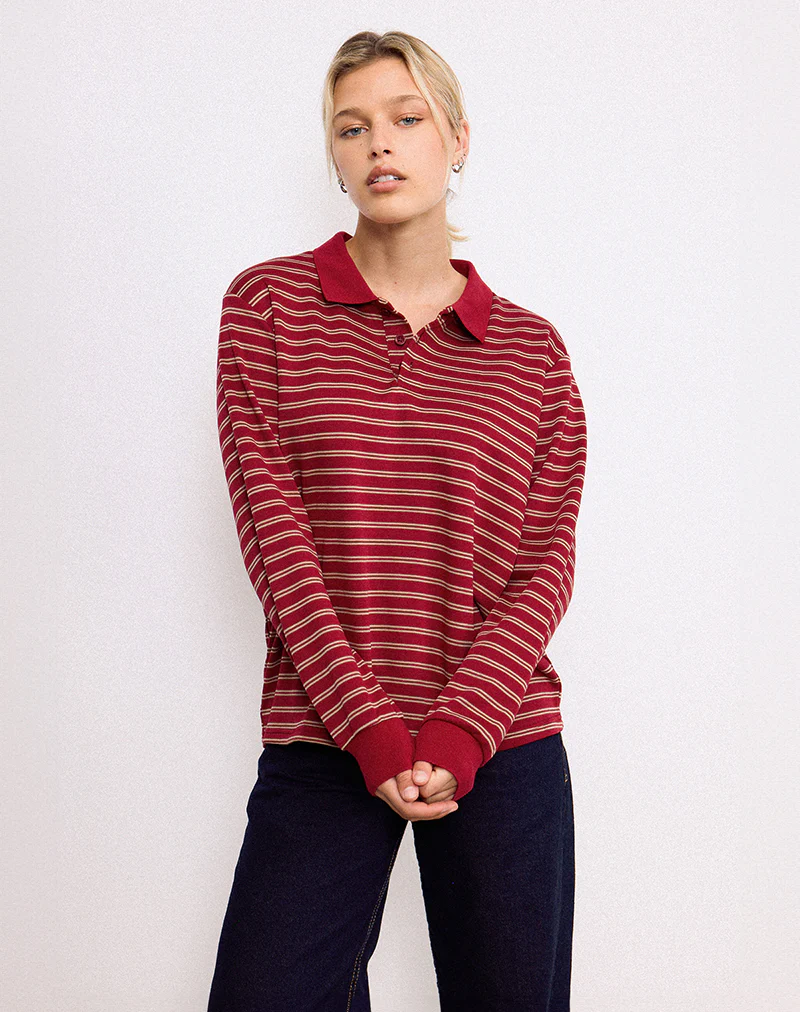Kemillau Baggy Shirt in Burgundy with White Stripes - Image 2
