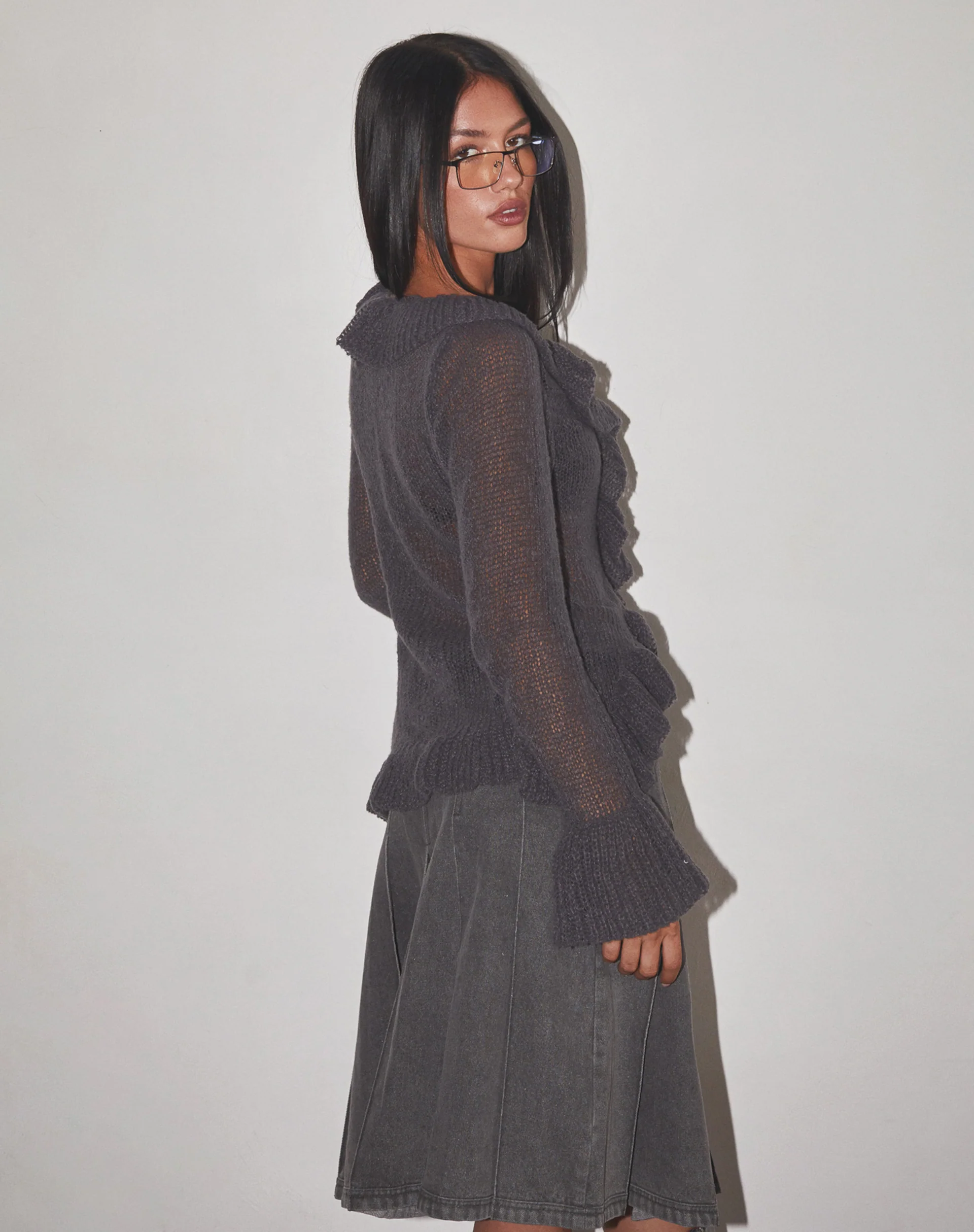 Kendra Ruffle Cardigan in Dark Charcoal Knit - Image 5