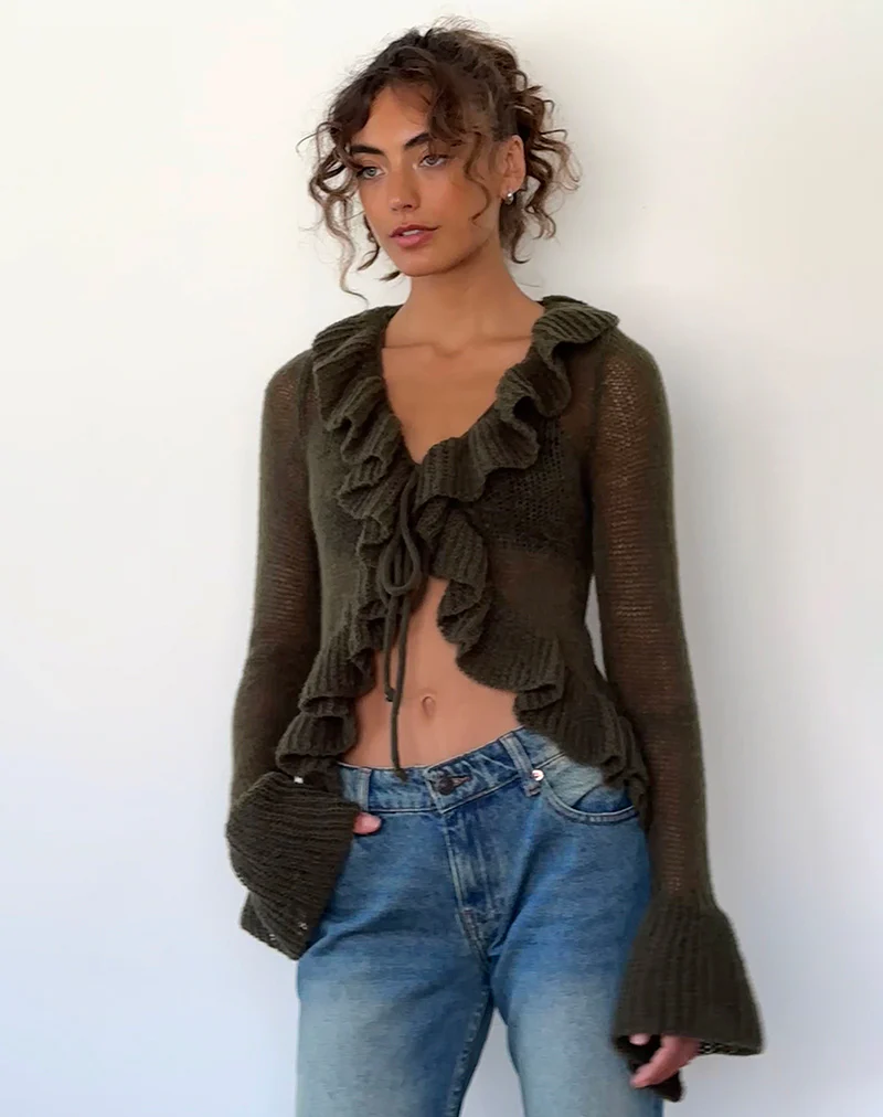 Kendra Ruffle Cardi in Khaki - Image 3