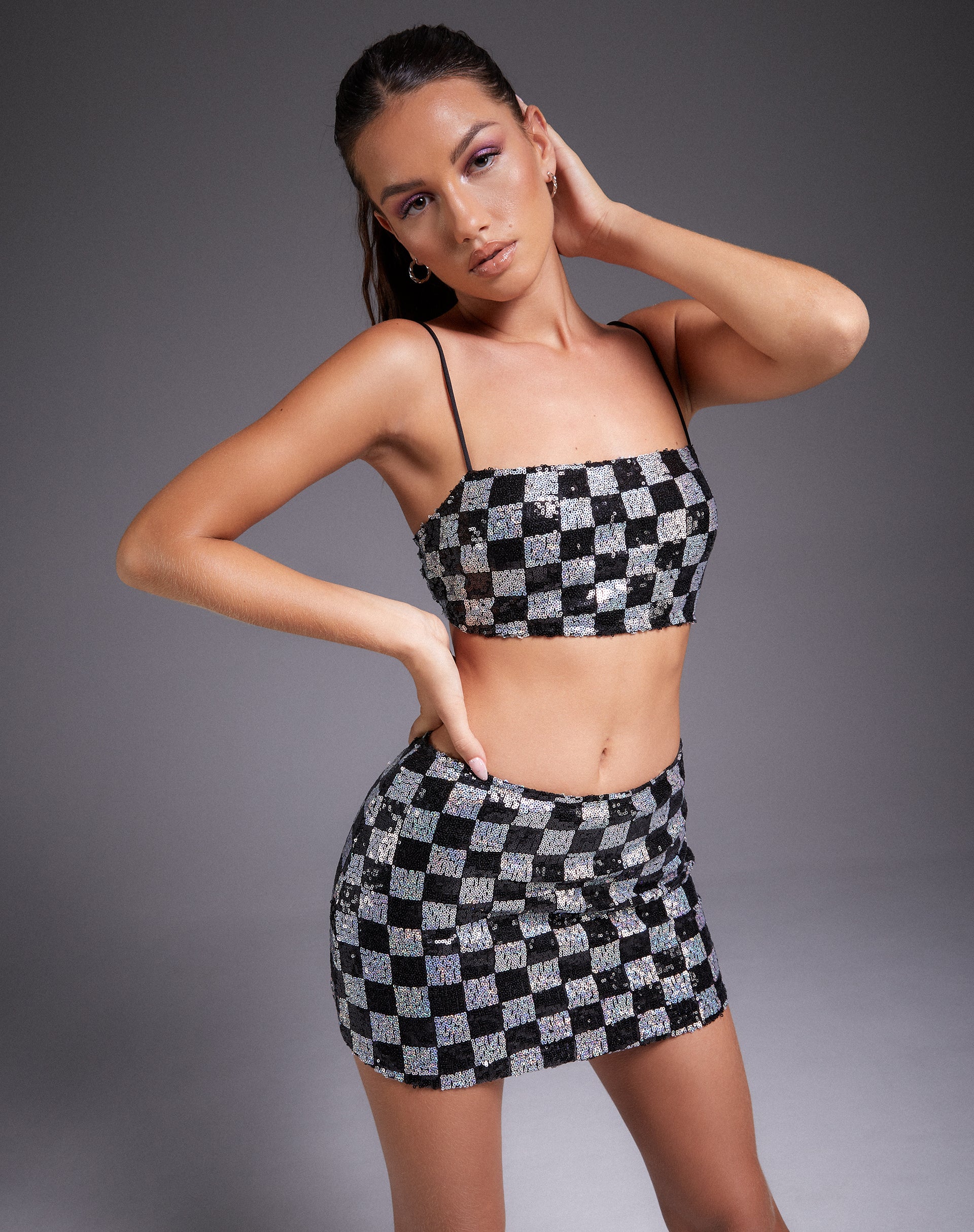 Keyan Tube Top in Checkerboard Sequin Black and Silver - Image 2