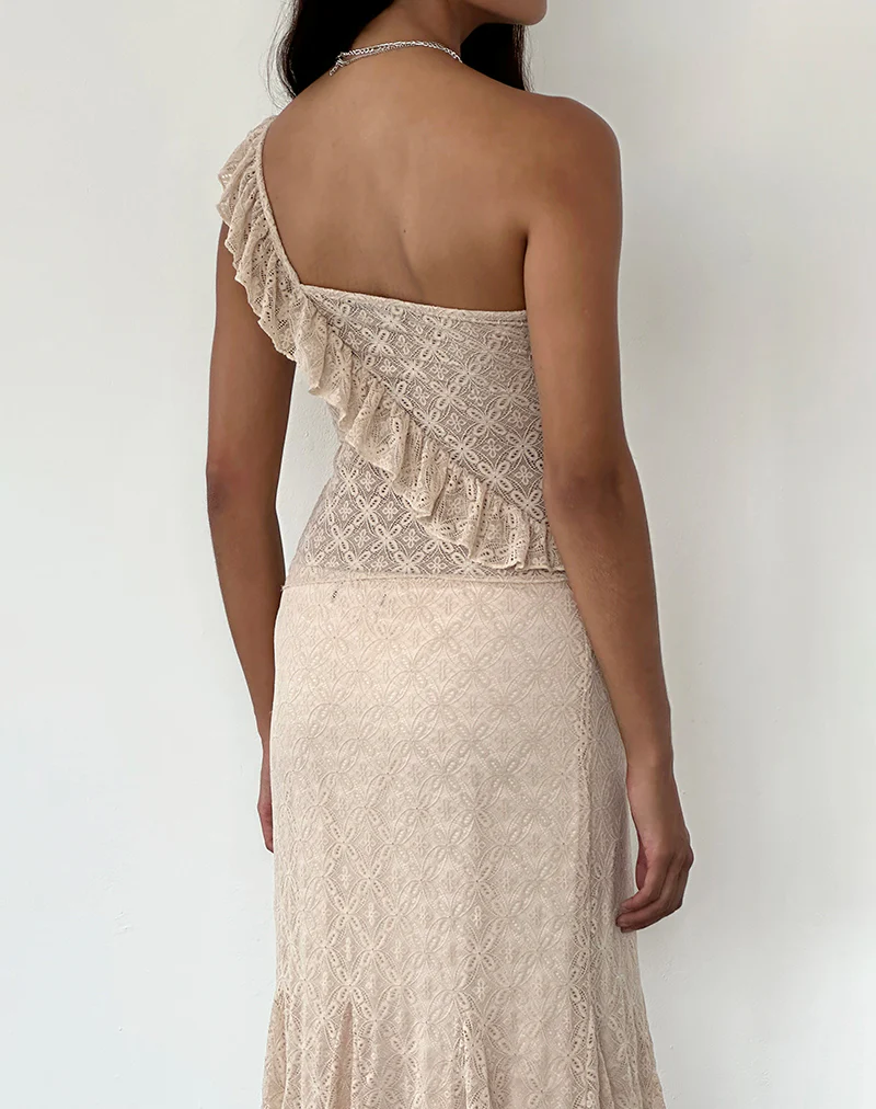 Kezia Bandeau Frill Top in Textured Nude Lace - Image 3