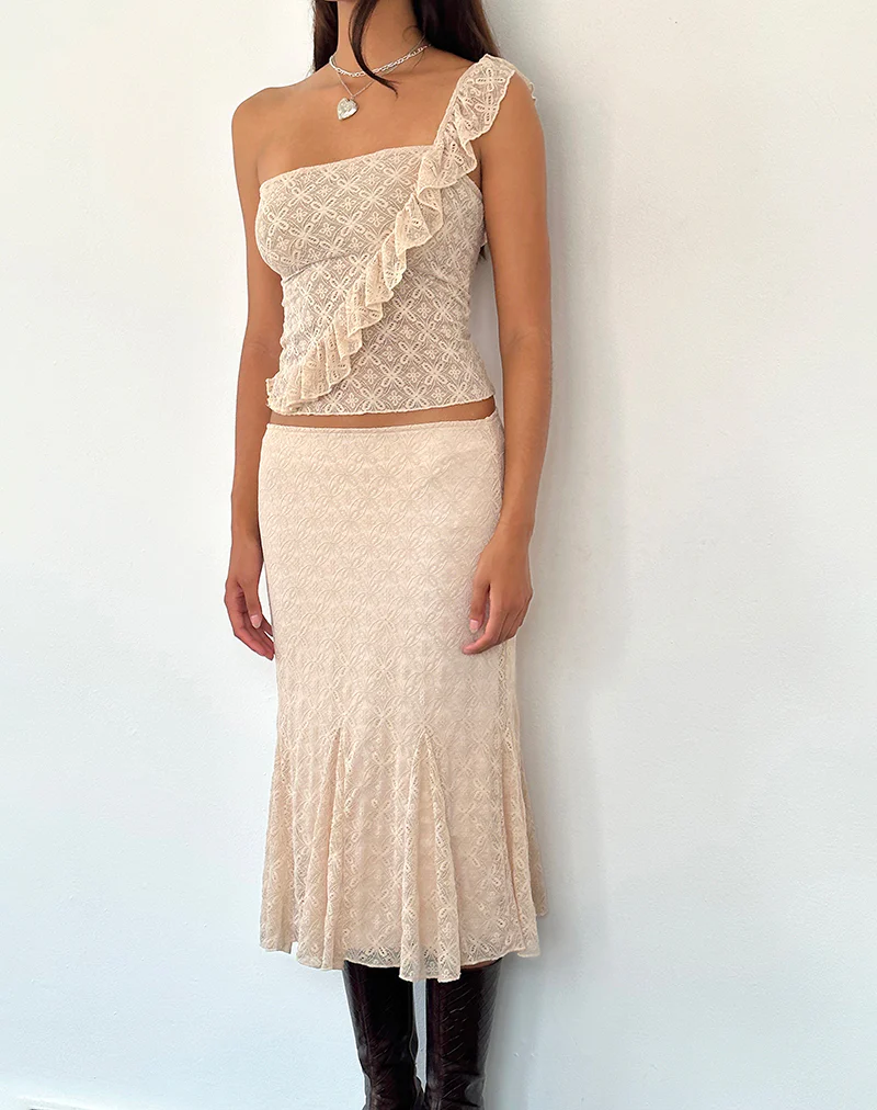 Kezia Bandeau Frill Top in Textured Nude Lace - Image 4