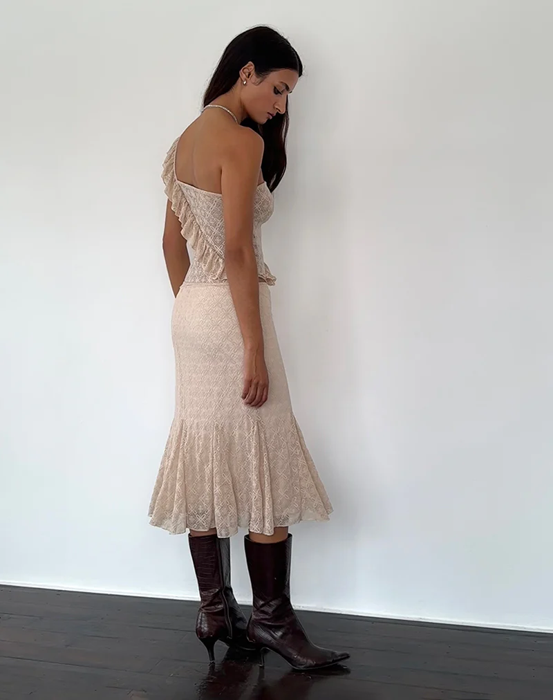 Kezia Bandeau Frill Top in Textured Nude Lace - Image 5