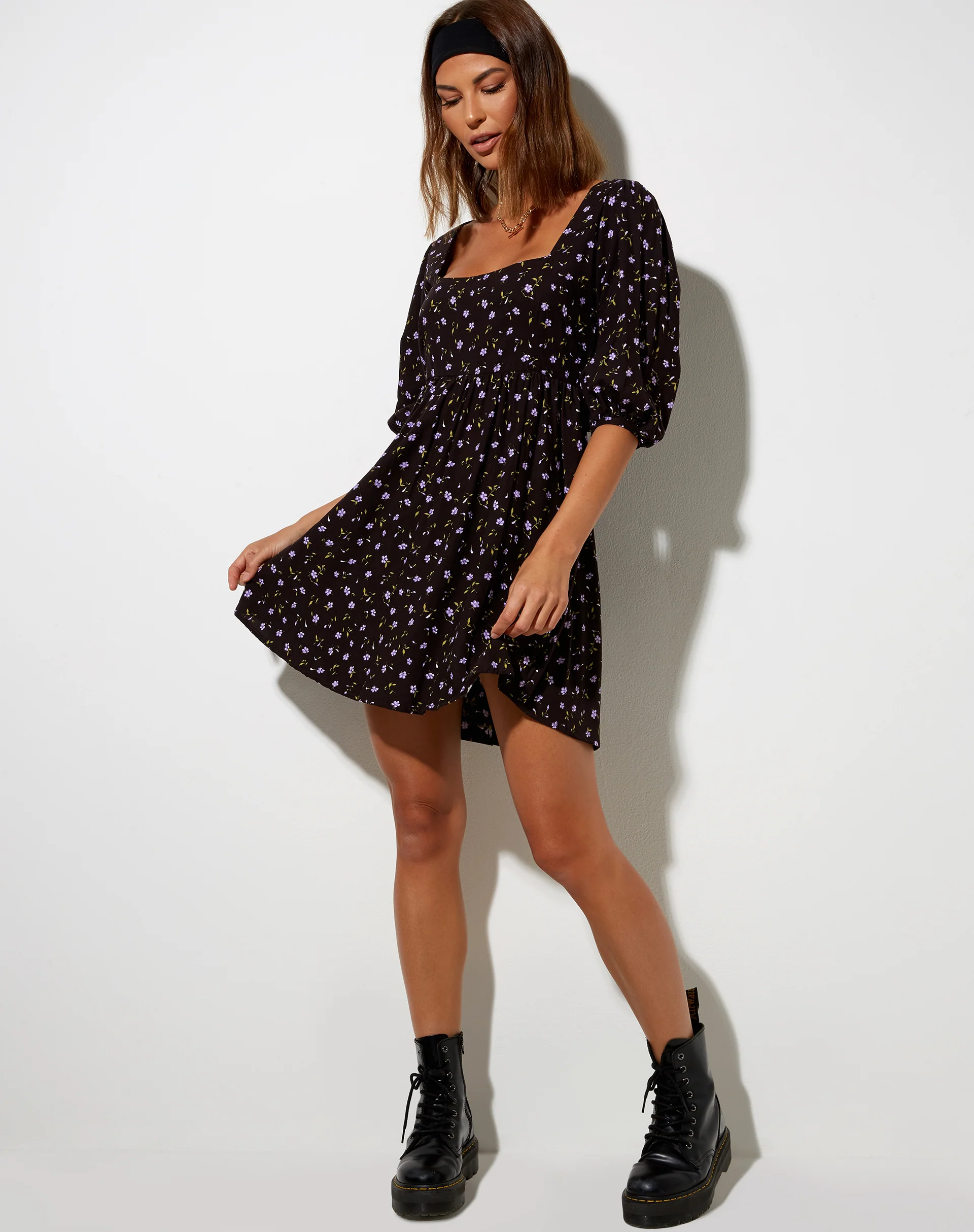 Kezie Skater Dress in Pretty Petal Coffee and Purple - Image 4