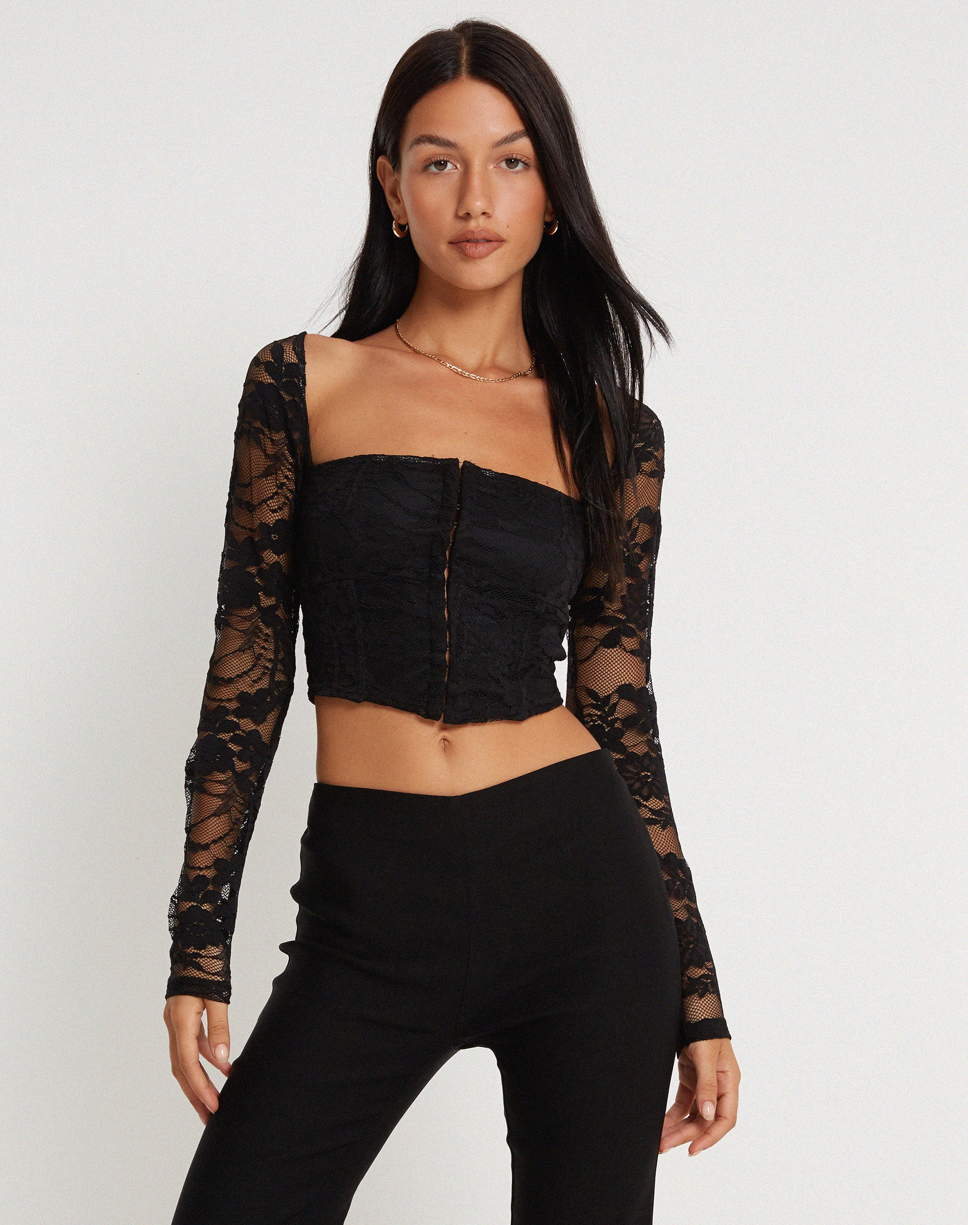 Khafila Long Sleeve Corset  Top in Lace Black - Image 3