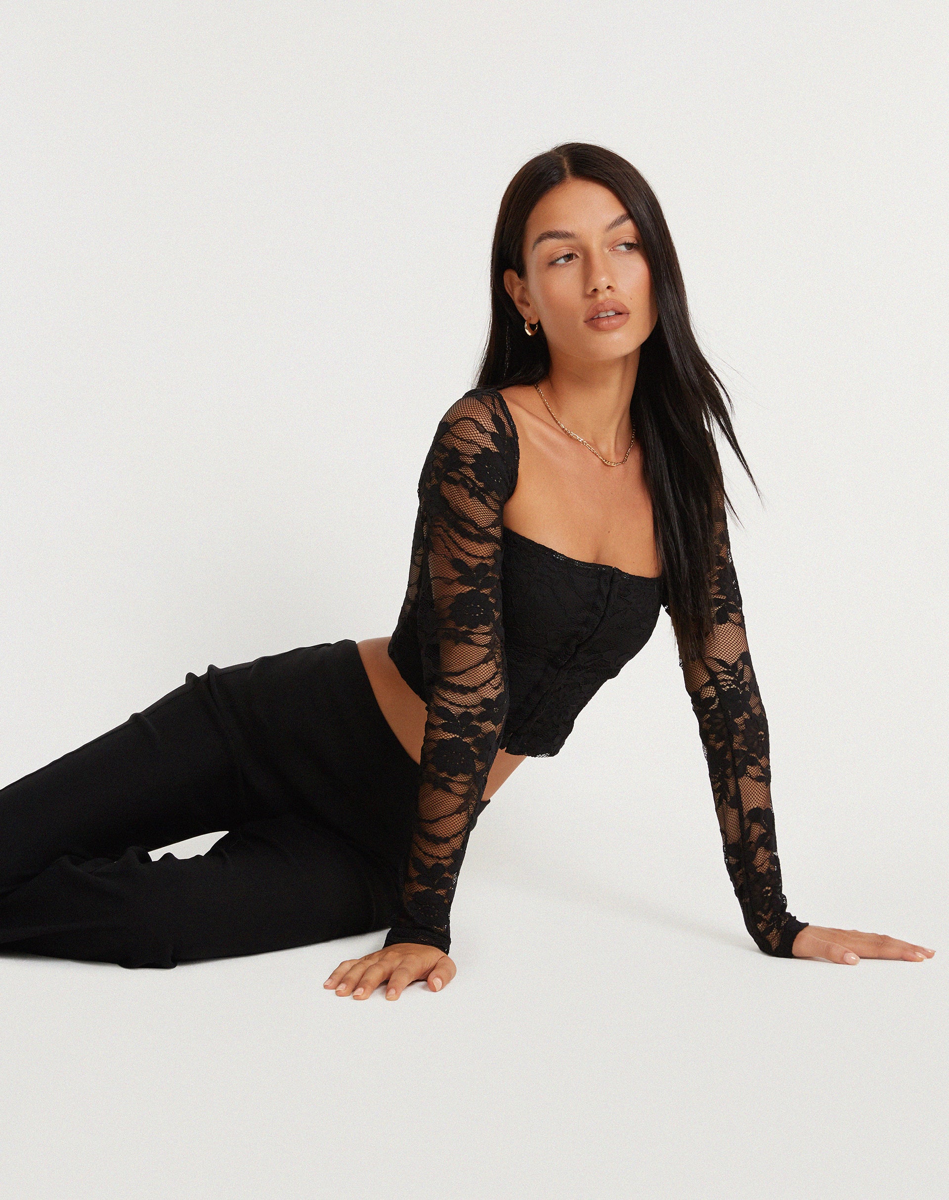 Khafila Long Sleeve Corset  Top in Lace Black - Image 6