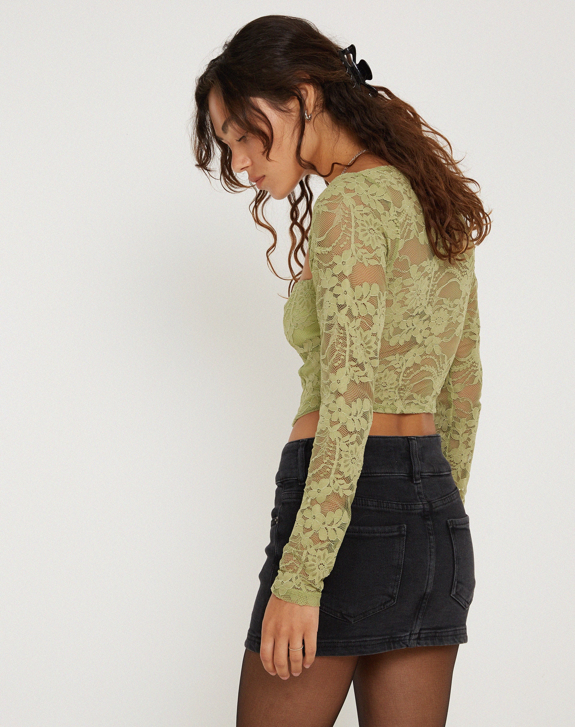 Khafila Long Sleeve Corset Top in Lace Green - Image 2