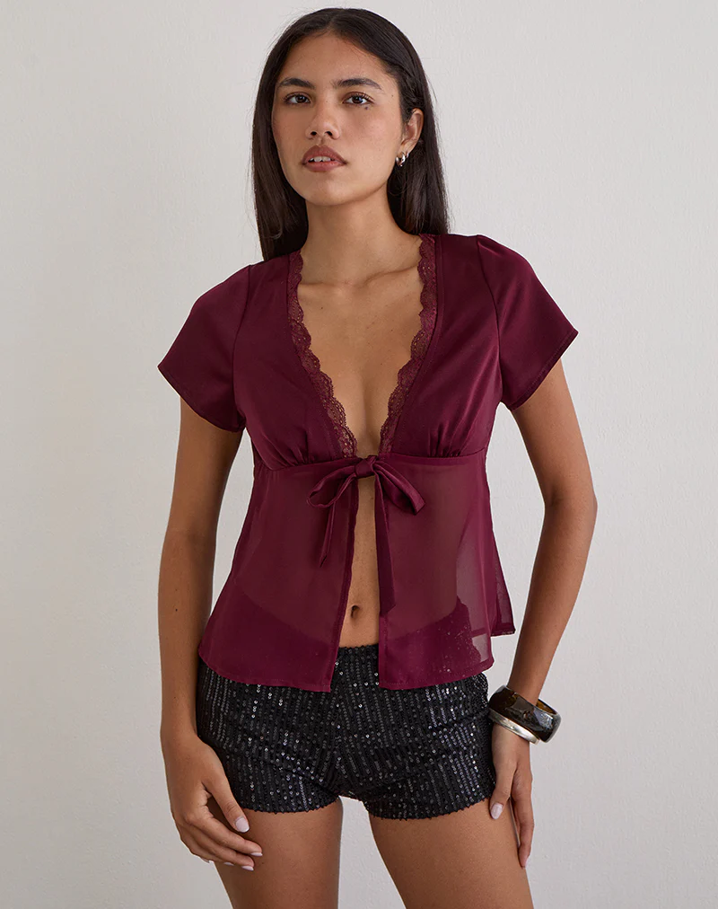 Kilu Top in Satin Chiffon Burgundy - Image 2