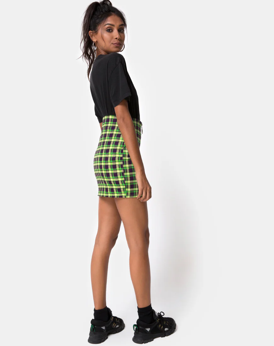Kimber Bodycon skirt in Green and Purple Check - Image 4