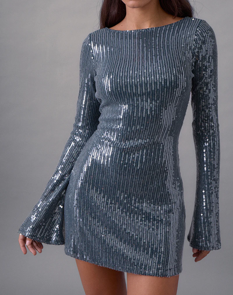 Kimberly Mini Dress in Sequin Dark Teal - Image 2