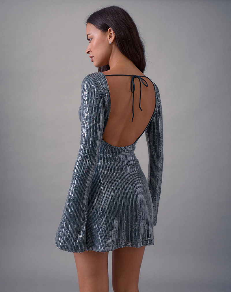 Kimberly Mini Dress in Sequin Dark Teal - Image 3