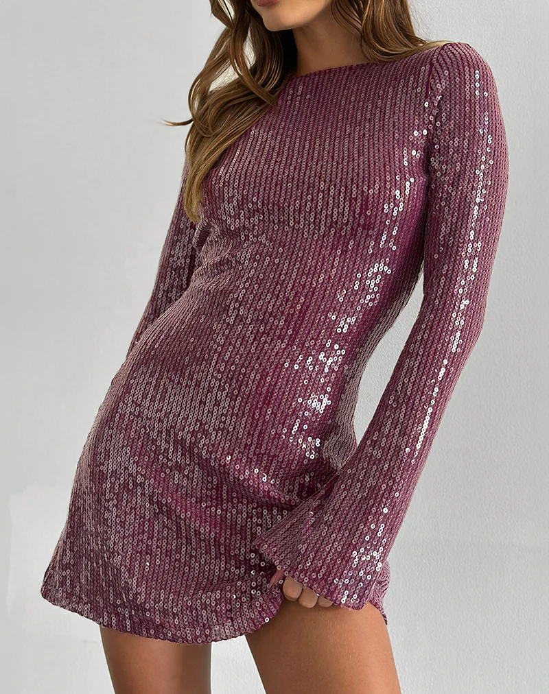 Kimberly Mini Dress in Clear Sequin Maroon - Image 2