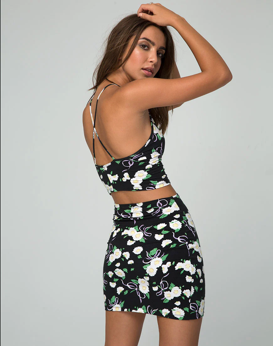 Kimmy Bodycon Skirt in Daisy Ribbon Black - Image 2