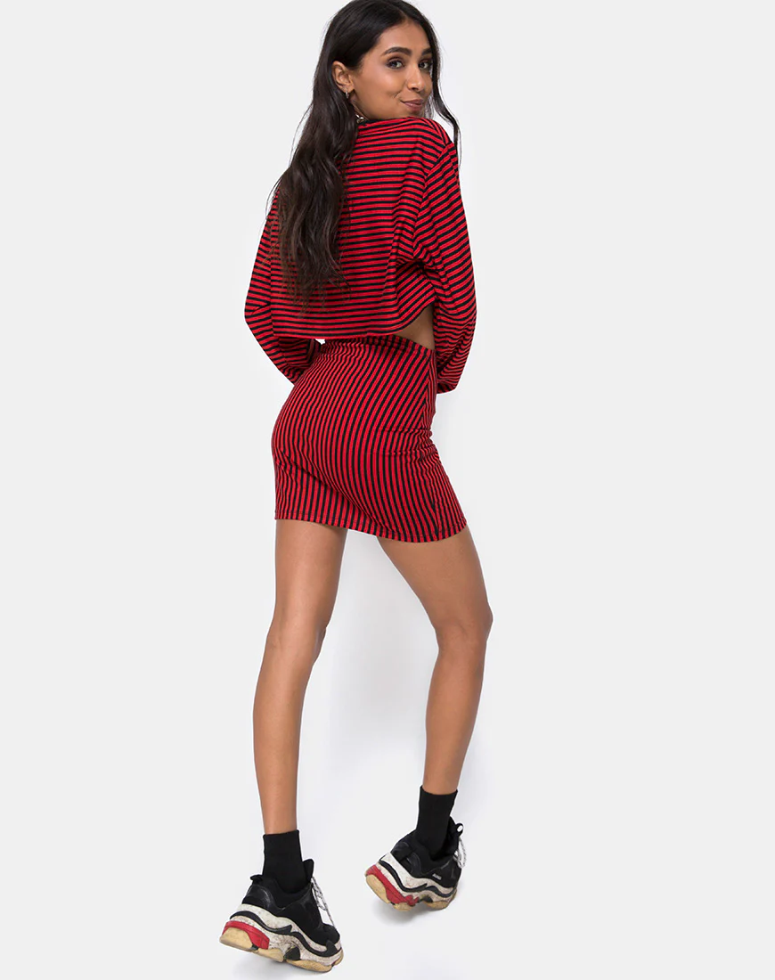Kimmy Bodycon Skirt in Mini Stripe Red and Black - Image 4