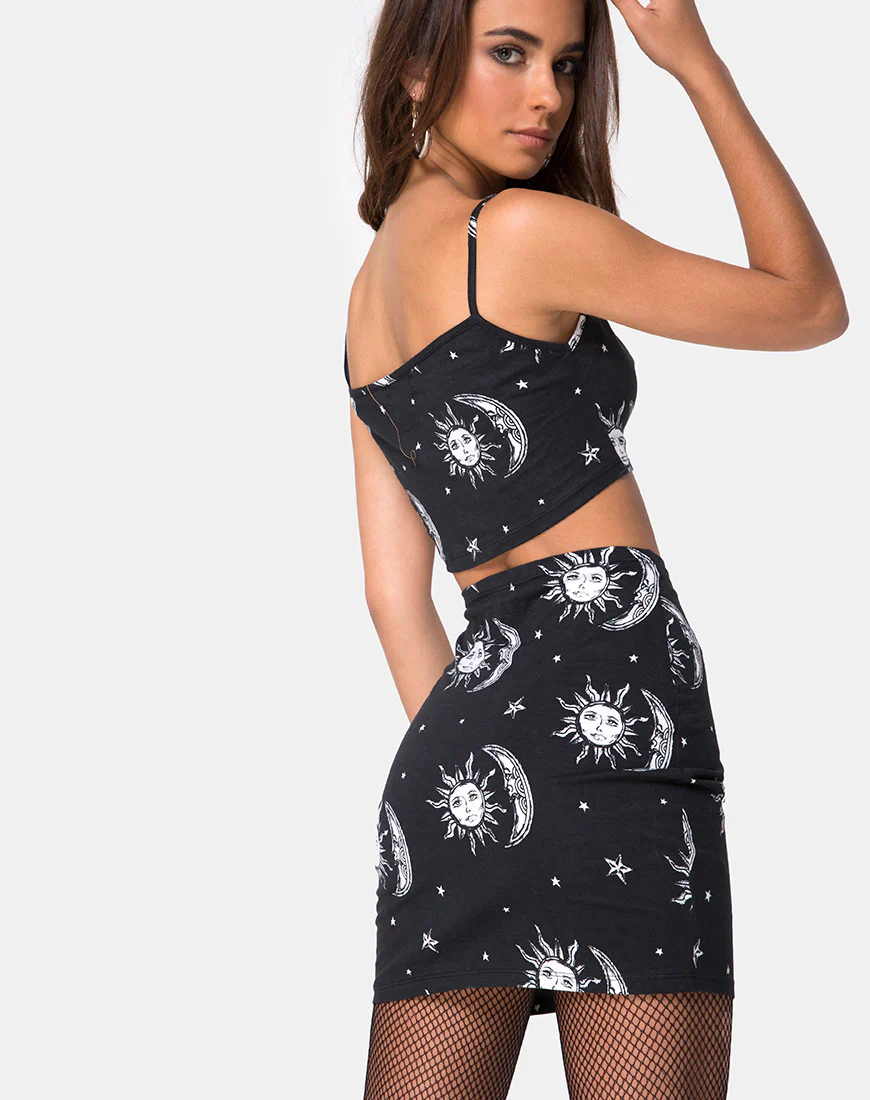 Kimmy Bodycon Skirt in Sun Moon Stars BW - Image 2