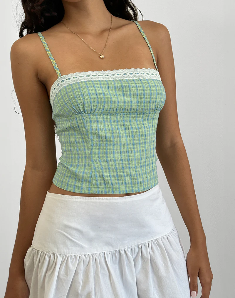 Kinaya Cami Top in Blue and Yellow Check - Image 2