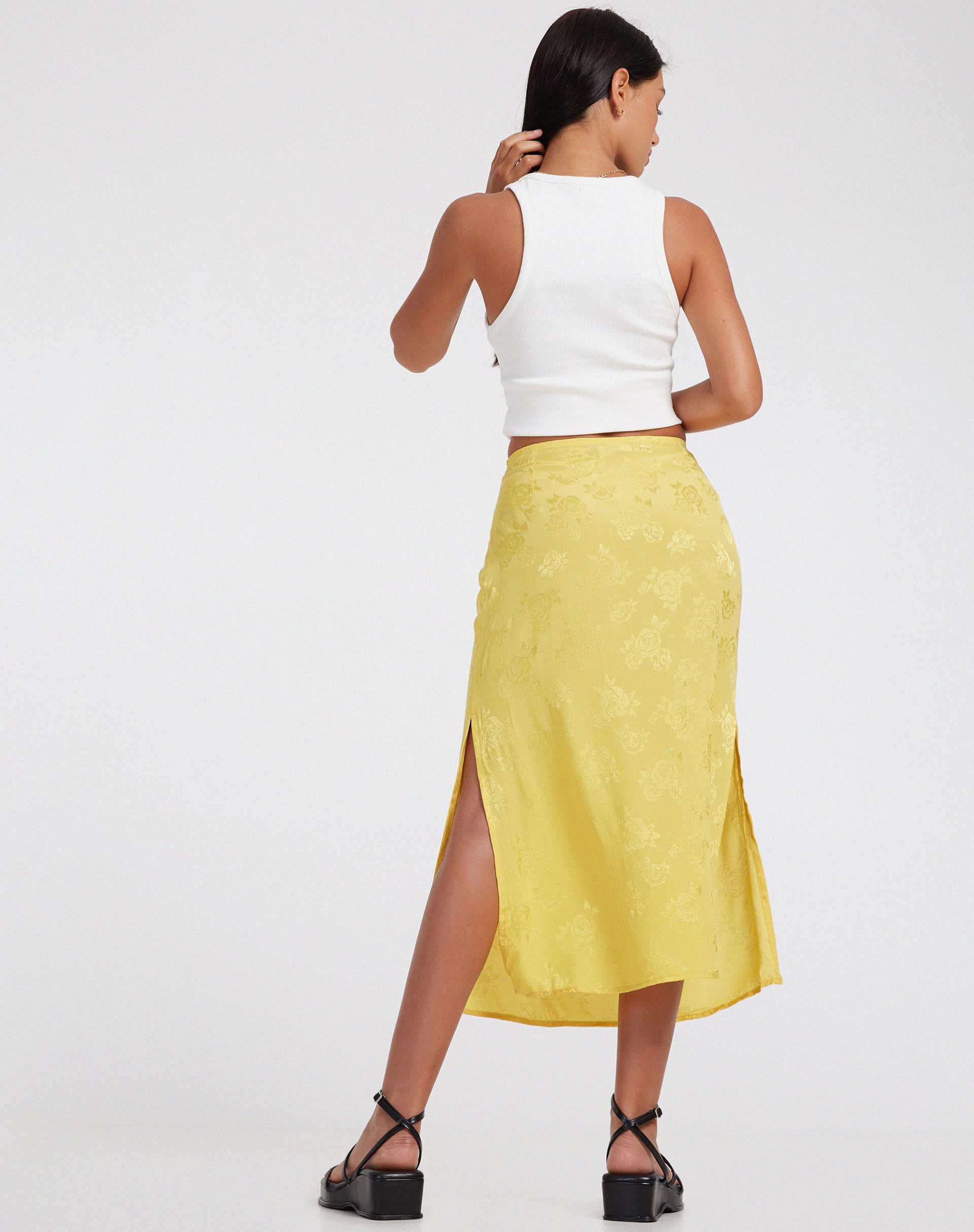 Kindra Midi Skirt in Satin Rose Sunshine Yellow - Image 2