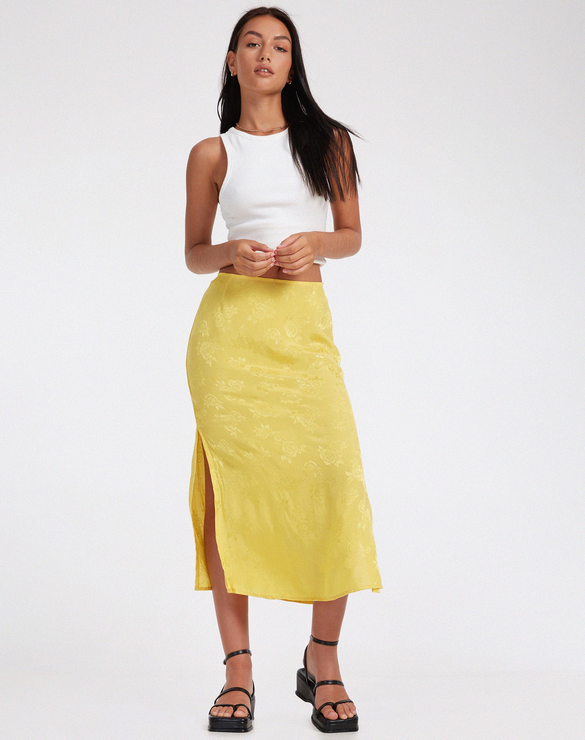 Kindra Midi Skirt in Satin Rose Sunshine Yellow - Image 3