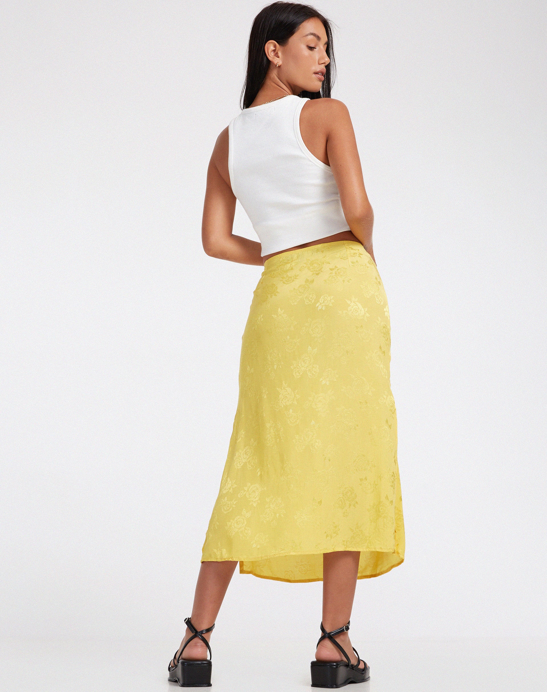 Kindra Midi Skirt in Satin Rose Sunshine Yellow - Image 4