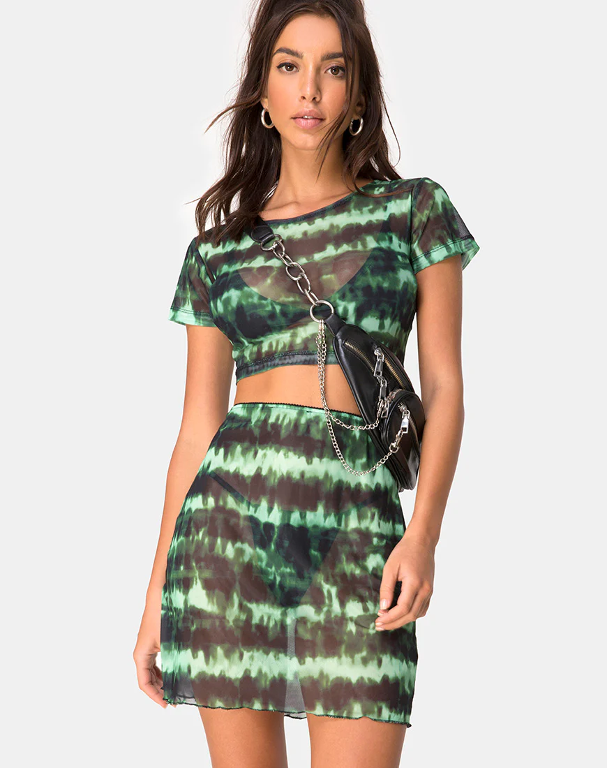 Kinnie Mini Skirt in Tie Dye Turquoise Mesh - Image 2