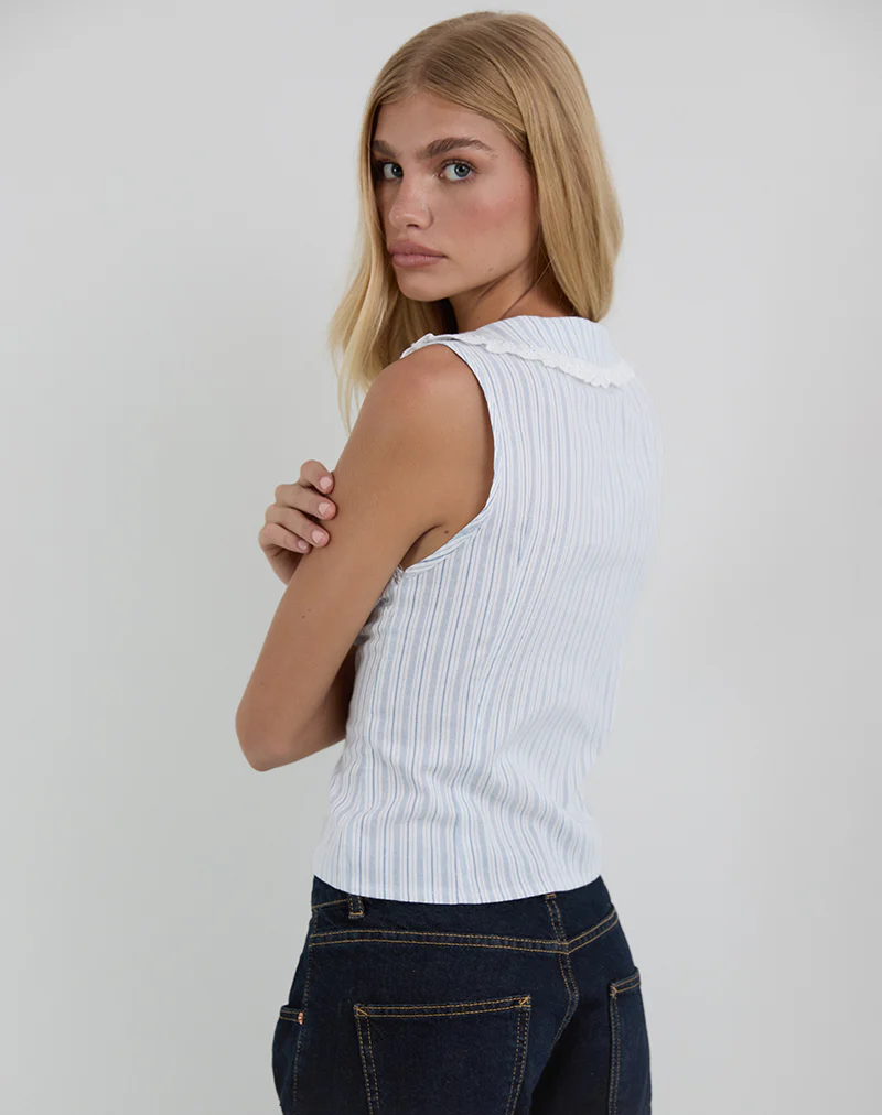 Kitami Shirt in Linen White Blue Stripe - Image 6