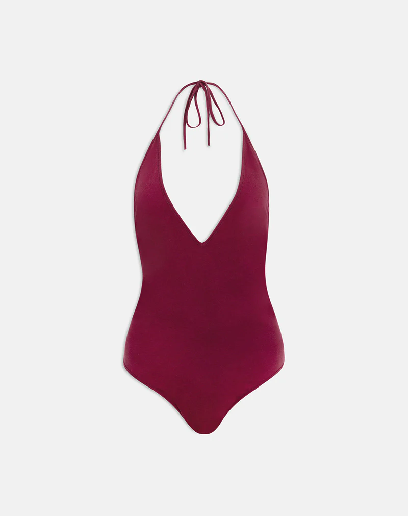 Kitty Deep Plunge Bodysuit in Burgundy - Image 2