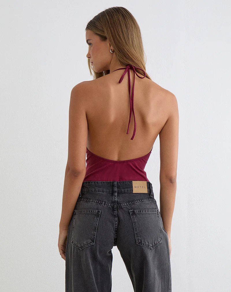 Kitty Deep Plunge Bodysuit in Burgundy - Image 4