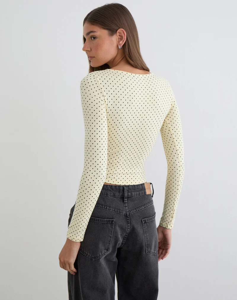 Kline Long Sleeve Tie Front Top in Rayon Jersey Micro Polka Cream - Image 4