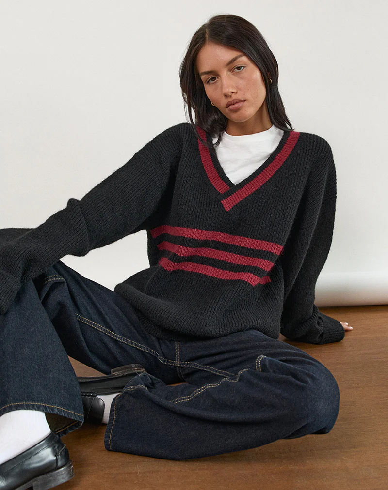 Knitza Jumper in Black with Red Stripes - Image 3